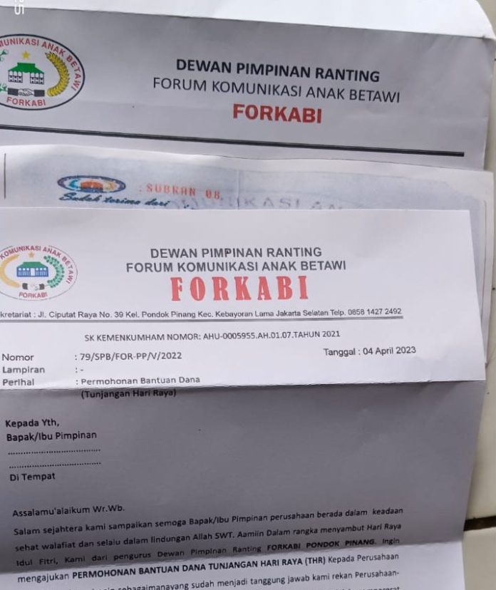 Surat permintaan THR dari Ormas beredar di Pondok Pinang, Kebayoran Lama, Jakarta Selatan.