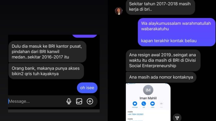 Tangkapan layar percakapan netizen yang mengungkap identitas pelaku penipuan modus QRIS kotak amal masjid.