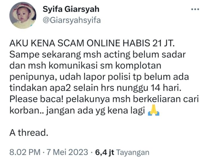 Tangkapan layar @Giarsyahsyifa yang menjadi korban penipuan online.