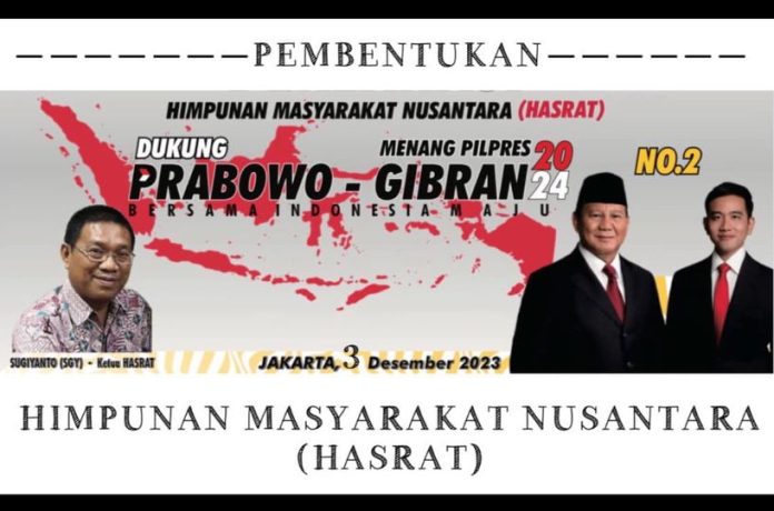 Himpunan Masyarakat Nusantara (Hasrat) menyatakan dukungannya memenangkan Prabowo Gibran satu putaran di Pilpres 2024.