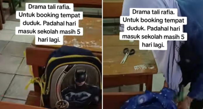 Tangkapan layar aksi seorang wali murid yang mengikatkan tas anaknya demi boking bangku paling depan jelang masuk sekolah.