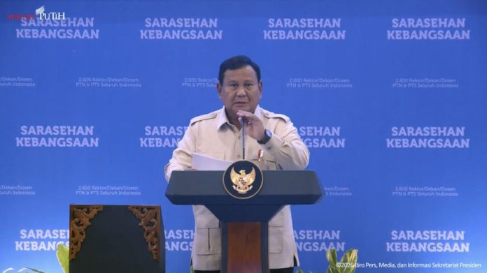 Presiden Prabowo saat berpidato di Saeasehan Kebangsaan, Jumat (26/6/2026).