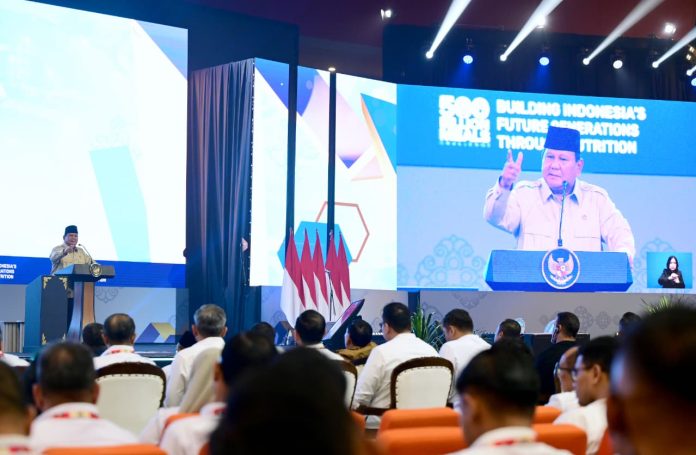 Presiden Prabowo memberikan sambutan pada acara ‘Building Indonesia’s Future Generations Through Nutrition’ yang diselenggarakan di Sentul International Convention Center (SICC), Kabupaten Bogor, Provinsi Jawa Barat, pada Rabu, 3 Juni 2026.