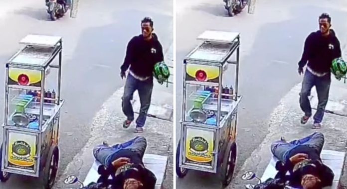 Tampang maling tas pedagang martabak mini terekam kamera CCTV dan videonya viral di media sosial.