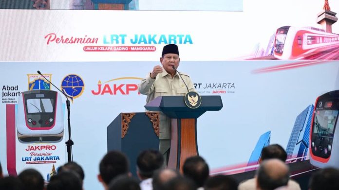 Presiden Prabowo memberikan sambutan peresmian LRT Jakarta rute Kelapa Gading-Manggarai, Rabu (16/9/2026).