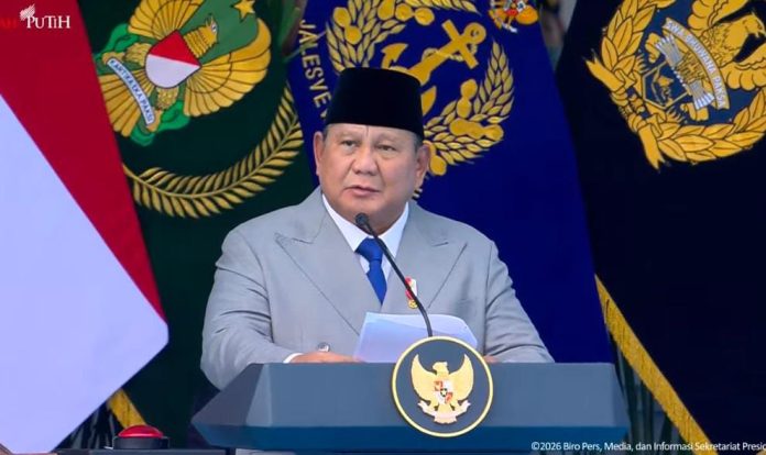 Presiden Prabowo saat memberikan amanat dalam upacara peringatan HUT ke-81 TNI di Mabes TNI, Cilangkap, Jakarta Timur, Senin (5/10/2026).